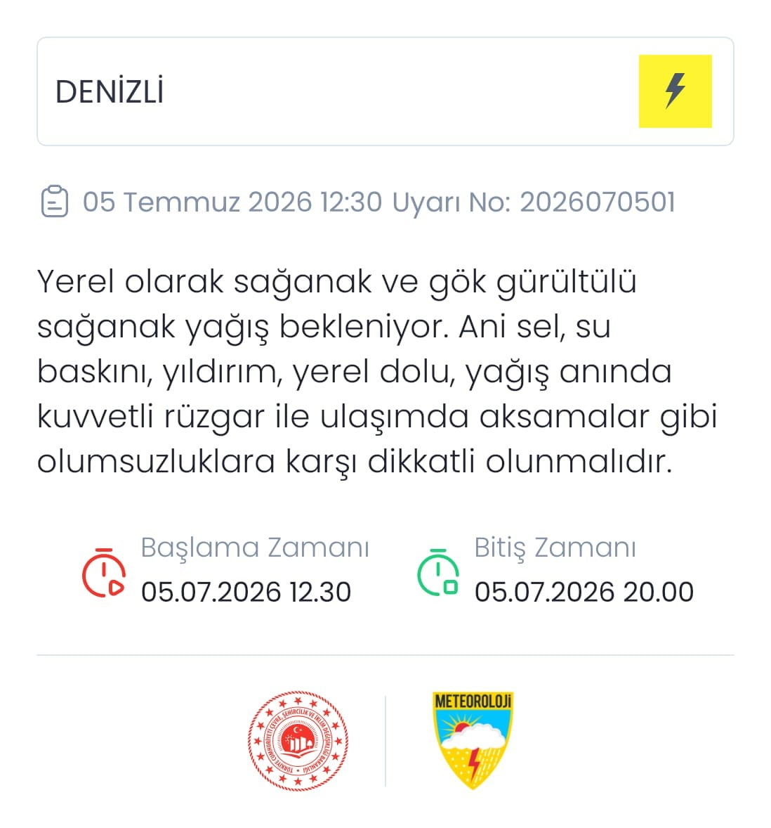 METEOROLOJİ GENEL MÜDÜRLÜĞÜ, DENİZLİ GENELİNDE YEREL OLARAK KUVVETLİ SAĞANAK VE GÖK GÜRÜLTÜLÜ...
