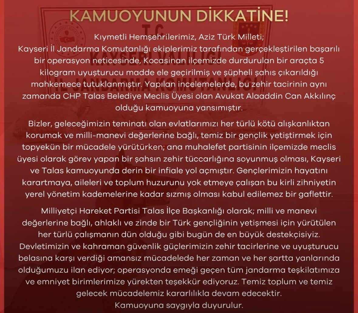 MİLLİYETÇİ HAREKET PARTİSİ (MHP) KAYSERİ İL BAŞKANLIĞI TARAFINDAN CUMHURİYET HALK PARTİLİ (CHP)...