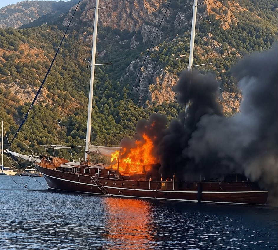 MUĞLA’NIN FETHİYE İLÇESİNE BAĞLI GÖCEK HAMAM KOYU’NDA BİR TEKNE ALEVLERE TESLİM OLARAK KÜLE...