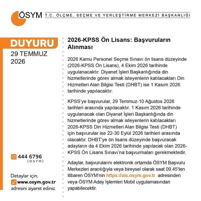 ÖLÇME, SEÇME VE YERLEŞTİRME MERKEZİ (ÖSYM), KAMU PERSONELİ SEÇME SINAVI (KPSS) ÖN LİSANS...
