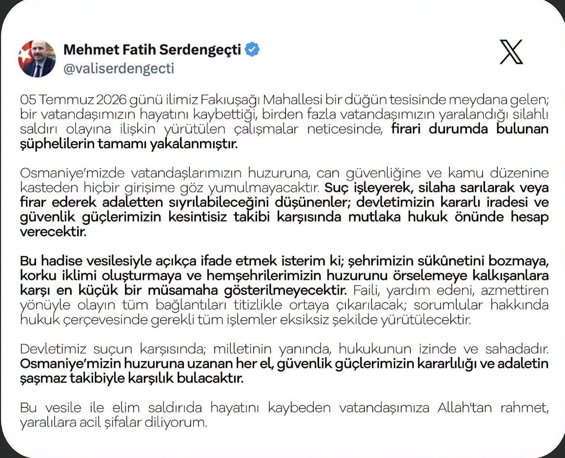 OSMANİYE'DE DÜĞÜN SALONUNDAKİ CİNAYETTE FİRARİ ŞÜPHELİLER DE YAKALANDI