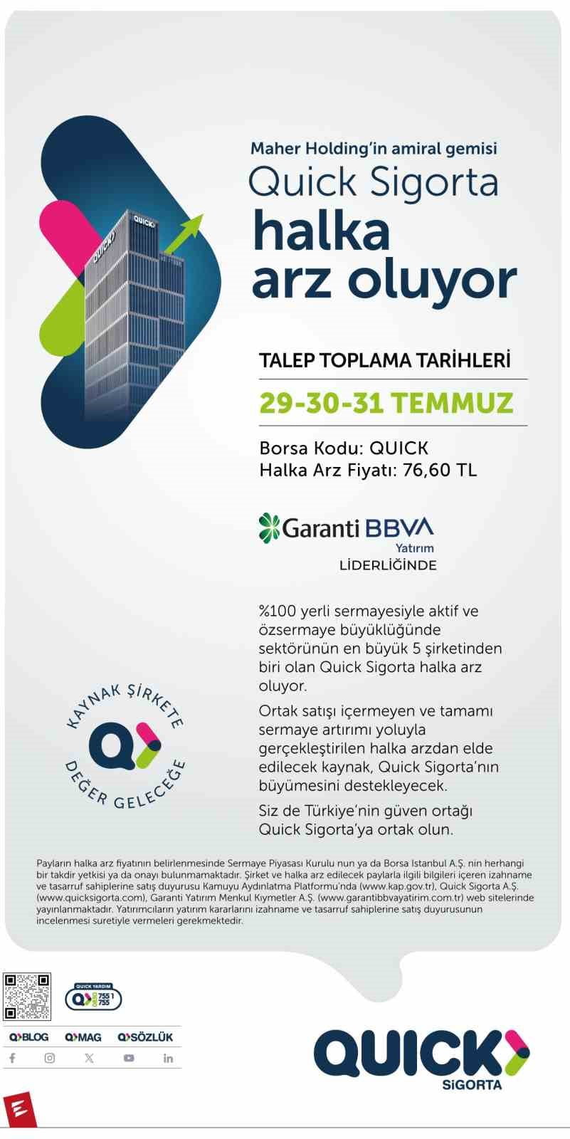 QUİCK SİGORTA'NIN HALKA ARZINDA TALEP TOPLAMA SÜRECİ BAŞLADI, ELDE EDİLECEK KAYNAK ŞİRKET...