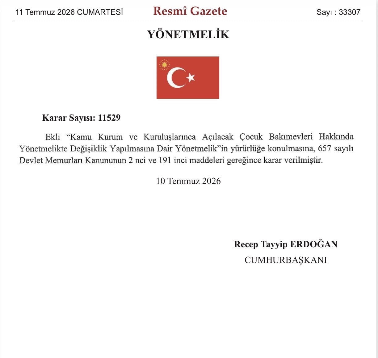 RESMİ GAZETE’DE YAYIMLANAN KARARLA KAMU KURUM VE KURULUŞLARININ PERSONELİNE YÖNELİK ÇOCUK...