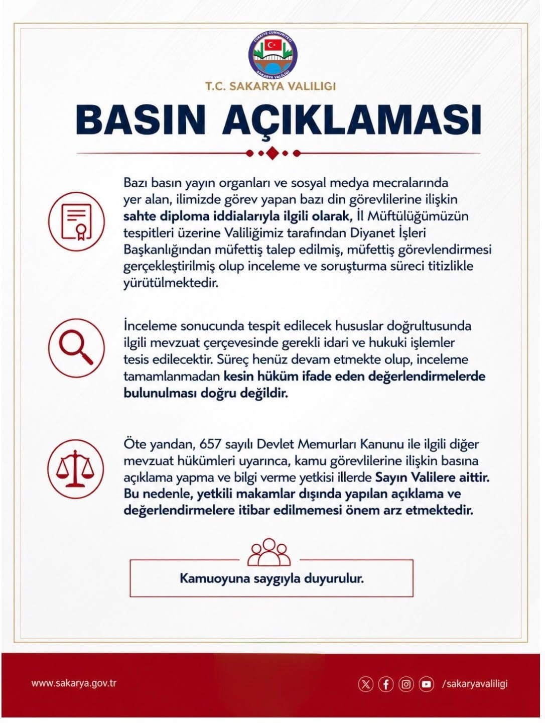 SAKARYA VALİLİĞİ, BAZI BASIN YAYIN ORGANLARINDA VE SOSYAL MEDYA MECRALARINDA YER ALAN DİN...