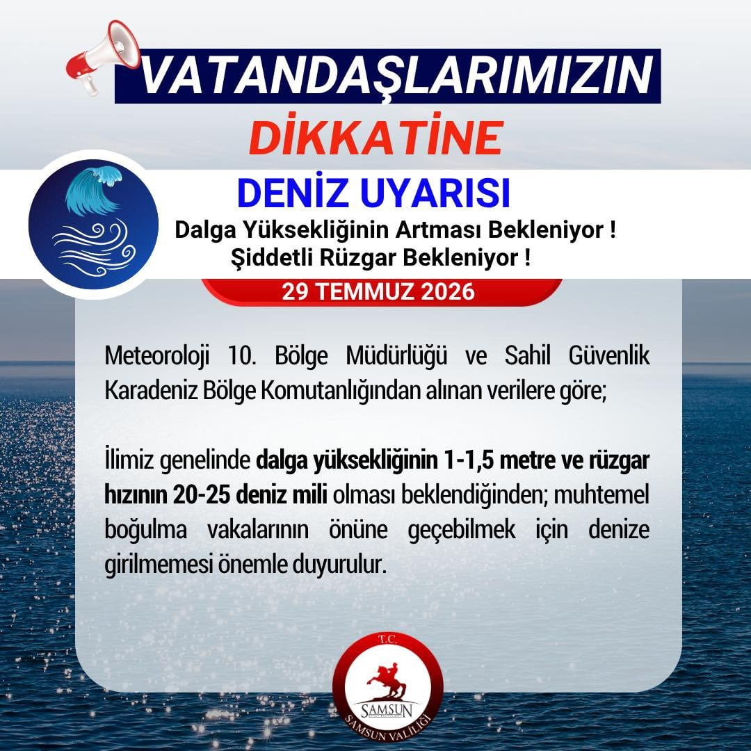 SAMSUN VALİLİĞİ, OLUMSUZ DENİZ ŞARTLARI NEDENİYLE VATANDAŞLARA DENİZE GİRMEMELERİ YÖNÜNDE UYARIDA...