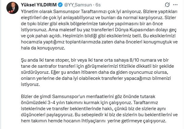 SAMSUNSPOR BAŞKANI YÜKSEL YILDIRIM'IN AÇIKLAMASI