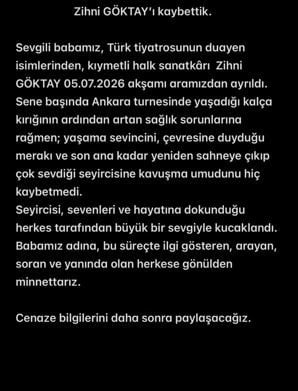 SANATÇININ KIZI ZEYNEP GÖKTAY DİLBAZ'IN SOSYAL MEDYA HESABINDAN YAPTIĞI PAYLAŞIM