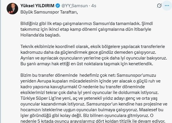 SÜPER LİG EKİPLERİNDEN SAMSUNSPOR’UN BAŞKANI YÜKSEL YILDIRIM, TAKIMDAN AYRILAN VE AYRILACAK...
