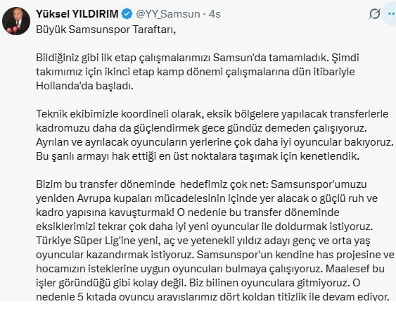 SÜPER LİG EKİPLERİNDEN SAMSUNSPOR’UN BAŞKANI YÜKSEL YILDIRIM, TAKIMDAN AYRILAN VE AYRILACAK...