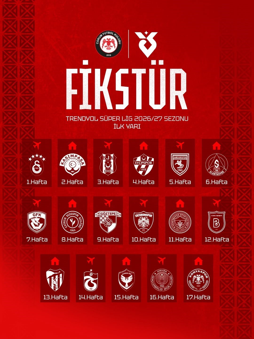 TRENDYOL SÜPER LİG’DE TARİHİNDE İLK KEZ MÜCADELE EDECEK OLAN ÇORUM FK, İLK HAFTA KARŞILAŞMASINDA...