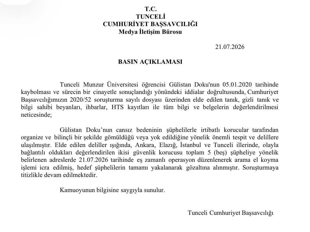 TUNCELİ CUMHRİYET BAŞSAVCILIĞI TARAFINDAN YAPILAN YAZILI AÇIKLAMA