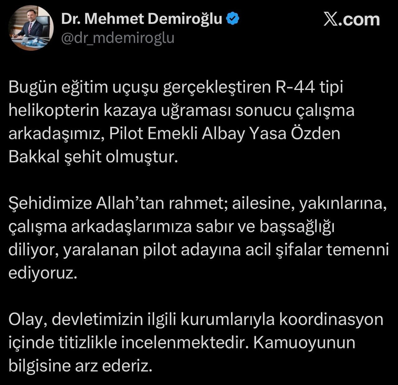 TUSAŞ GENEL MÜDÜRÜ MEHMET DEMİROĞLU, ANKARA’NIN SİNCAN İLÇESİNDE EĞİTİM UÇUŞU SIRASINDA DÜŞEN R-44...