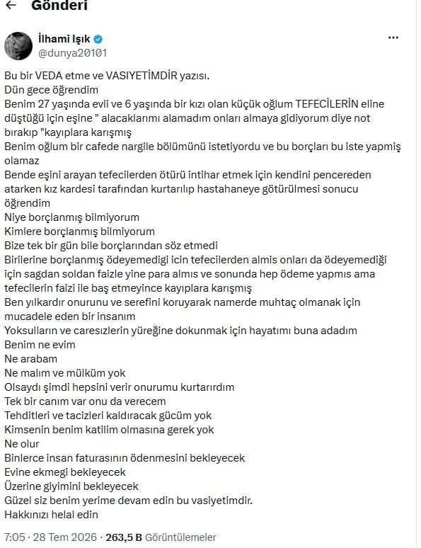 YAZAR İLHAMİ IŞIK, SOSYAL MEDYA HESABI ÜZERİNDEN YAPTIĞI PAYLAŞIMDA, "BU BİR VEDA ETME VE...