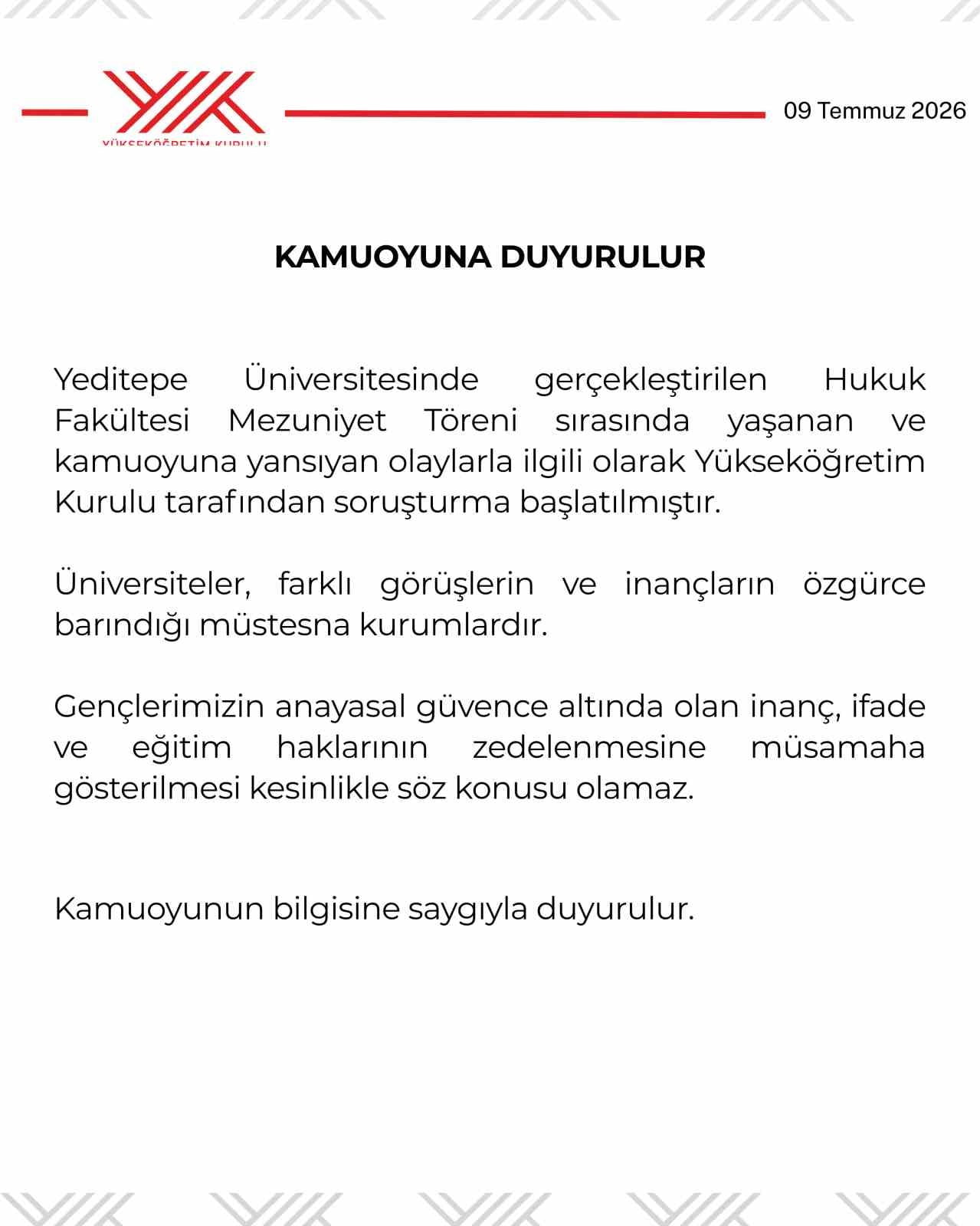 YÜKSEK ÖĞRETİM KURULU (YÖK) TARAFINDAN, YEDİTEPE ÜNİVERSİTESİ HUKUK FAKÜLTESİNDE MEZUNİYET TÖRENİ...