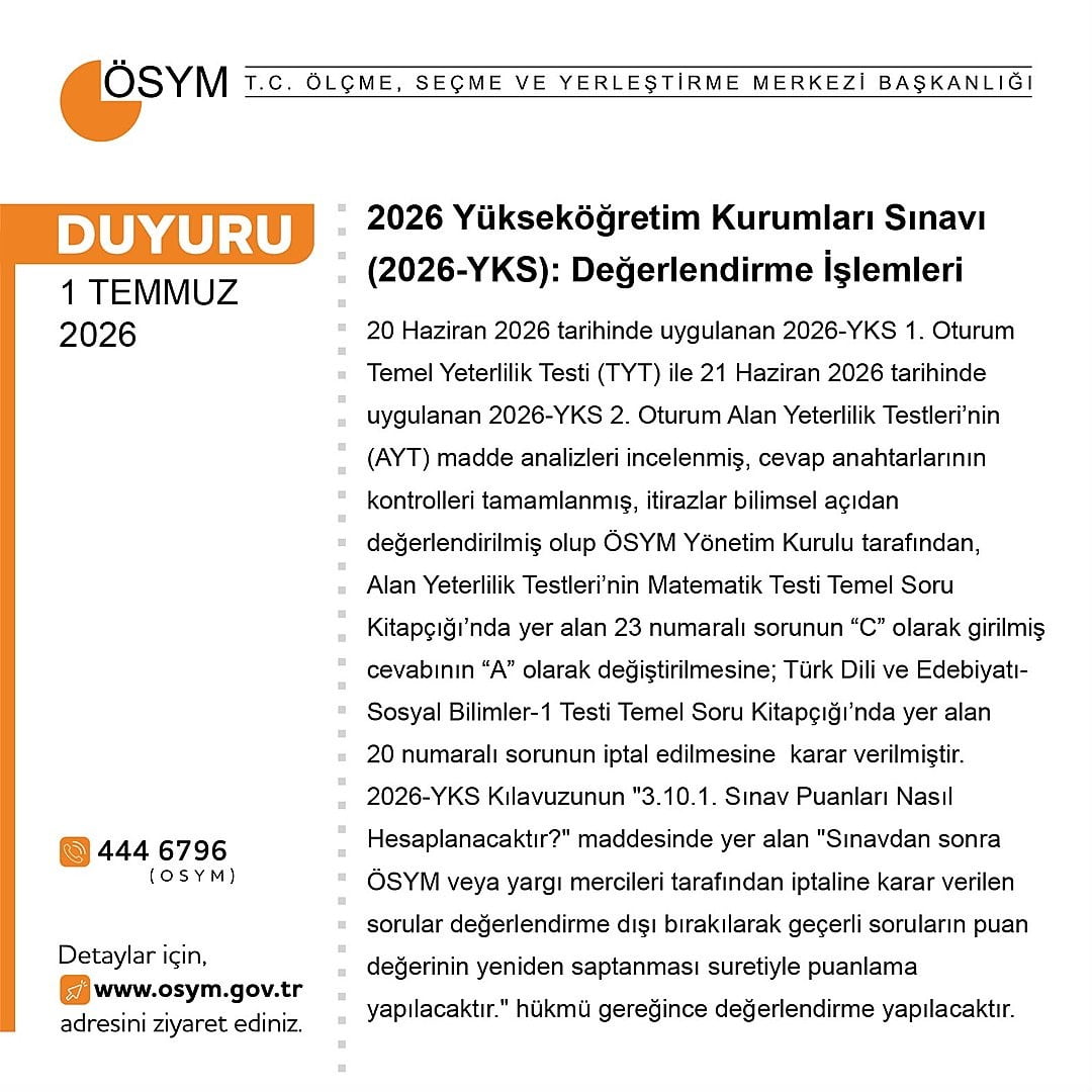 YÜKSEKÖĞRETİM KURUMLARI SINAVI (YKS) DEĞERLENDİRMESİ YAPILDI. AYT’DE 1 SORU İPTAL EDİLİRKEN 1...