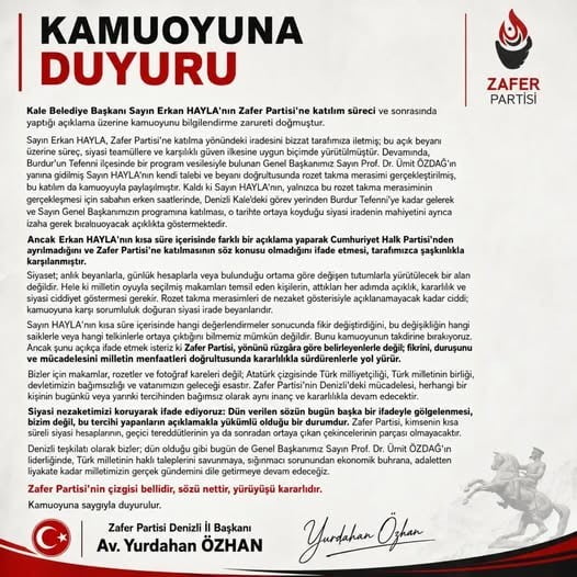 ZAFER PARTİSİ DENİZLİ İL BAŞKANI YURDAHAN ÖZHAN, CHP’Lİ KALE BELEDİYE BAŞKANI ERKAN HAYLA’NIN...