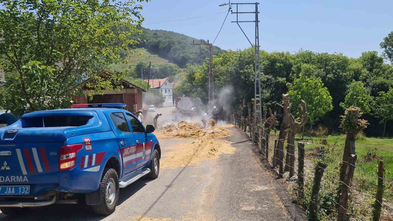 ZONGULDAK'IN ÇAYCUMA İLÇESİNE BAĞLI KAHVECİOĞLU KÖYÜ'NDE SAMAN YÜKLÜ BİR TIRIN DORSESİNDE ÇIKAN...
