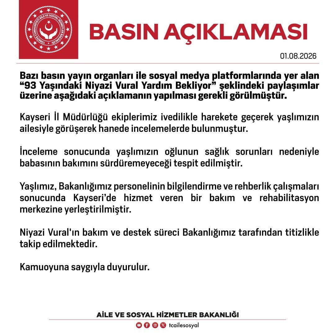AİLE VE SOSYAL HİZMETLER BAKANLIĞI TARAFINDAN KAYSERİ'DE '93 YAŞINDAKİ NİYAZİ VURAL YARDIM...