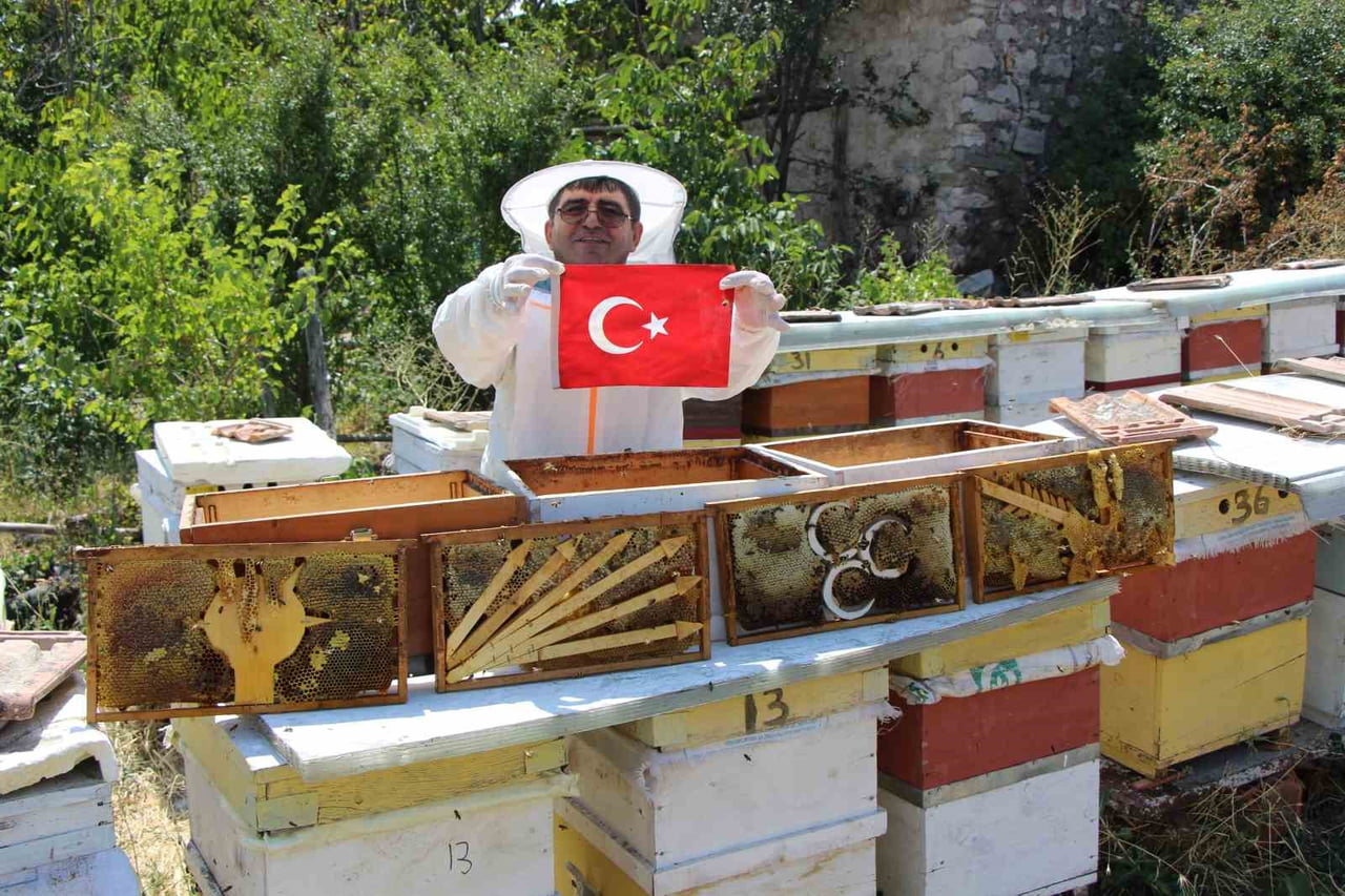 AMASYA'DA HOBİ OLARAK ARI YETİŞTİREN BİR VATANDAŞIN PETEK ÇITALARINI SİYASİ PARTİLERİN AMBLEMİYLE...