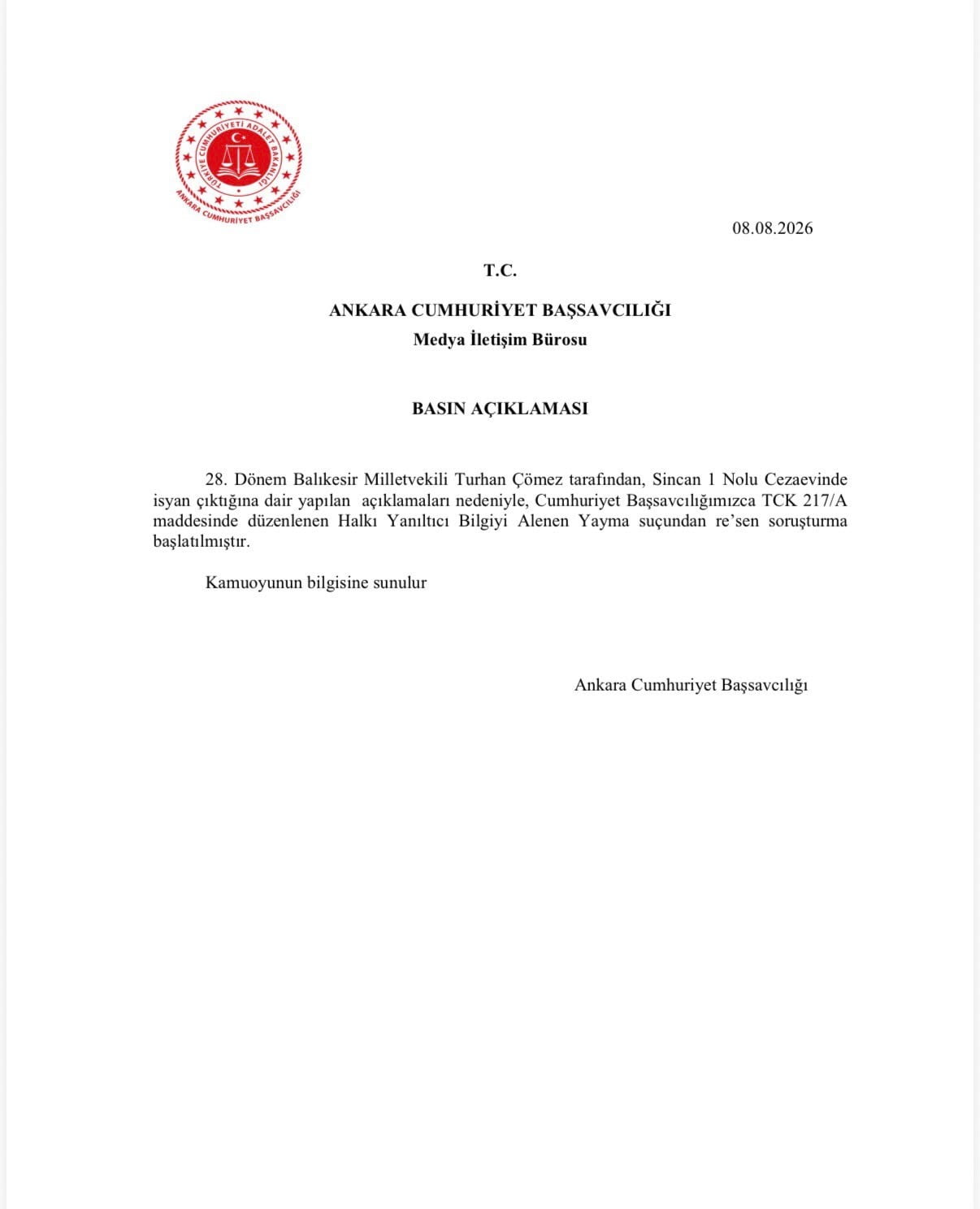 ANKARA CUMHURİYET BAŞSAVCILIĞI TARAFINDAN İYİ PARTİ BALIKESİR MİLLETVEKİLİ TURHAN ÇÖMEZ HAKKINDA...