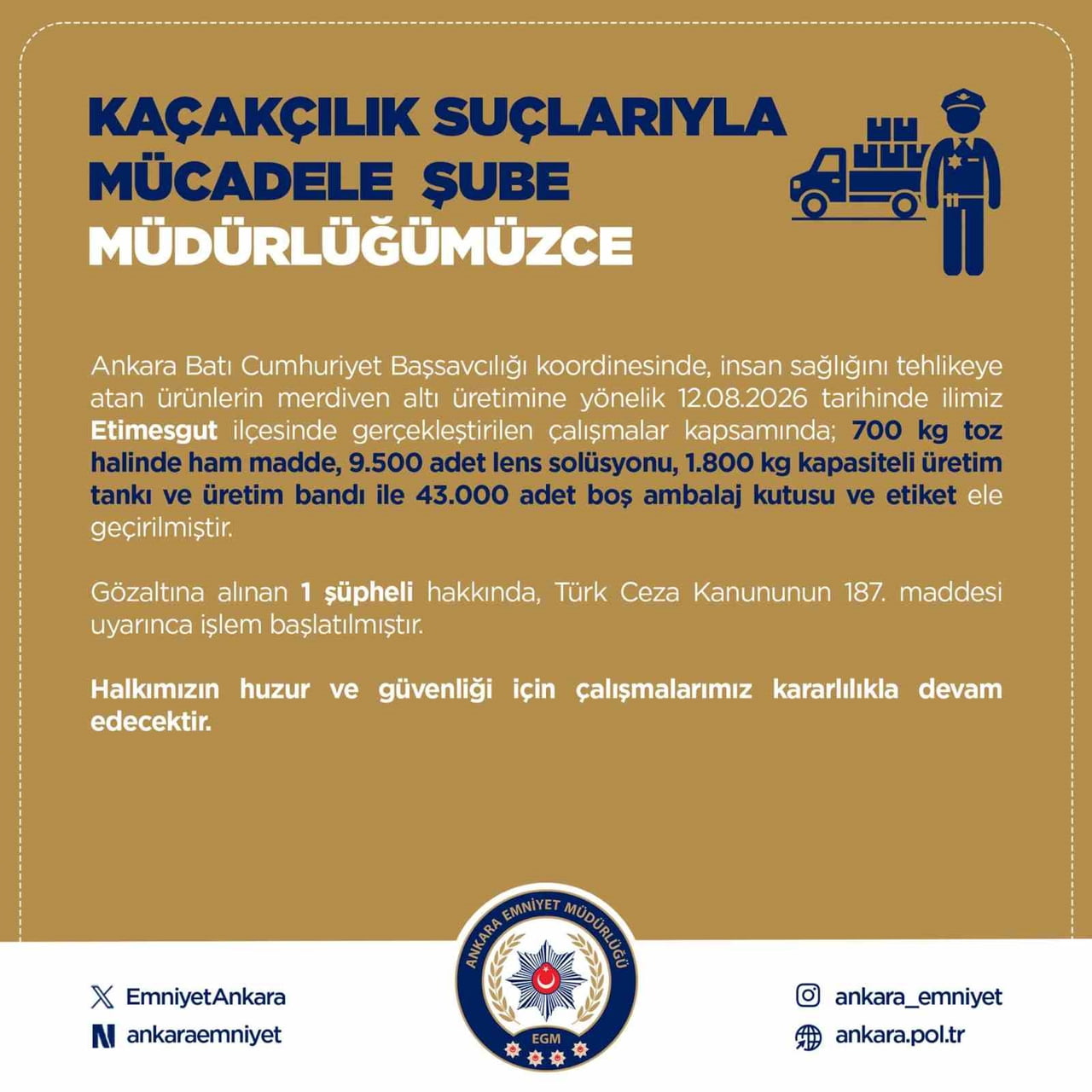 ANKARA EMNİYET MÜDÜRLÜĞÜ TARAFINDAN MERDİVEN ALTI ÜRETİME KARŞI YAPILAN OPERASYONDA 1 KİŞİ...