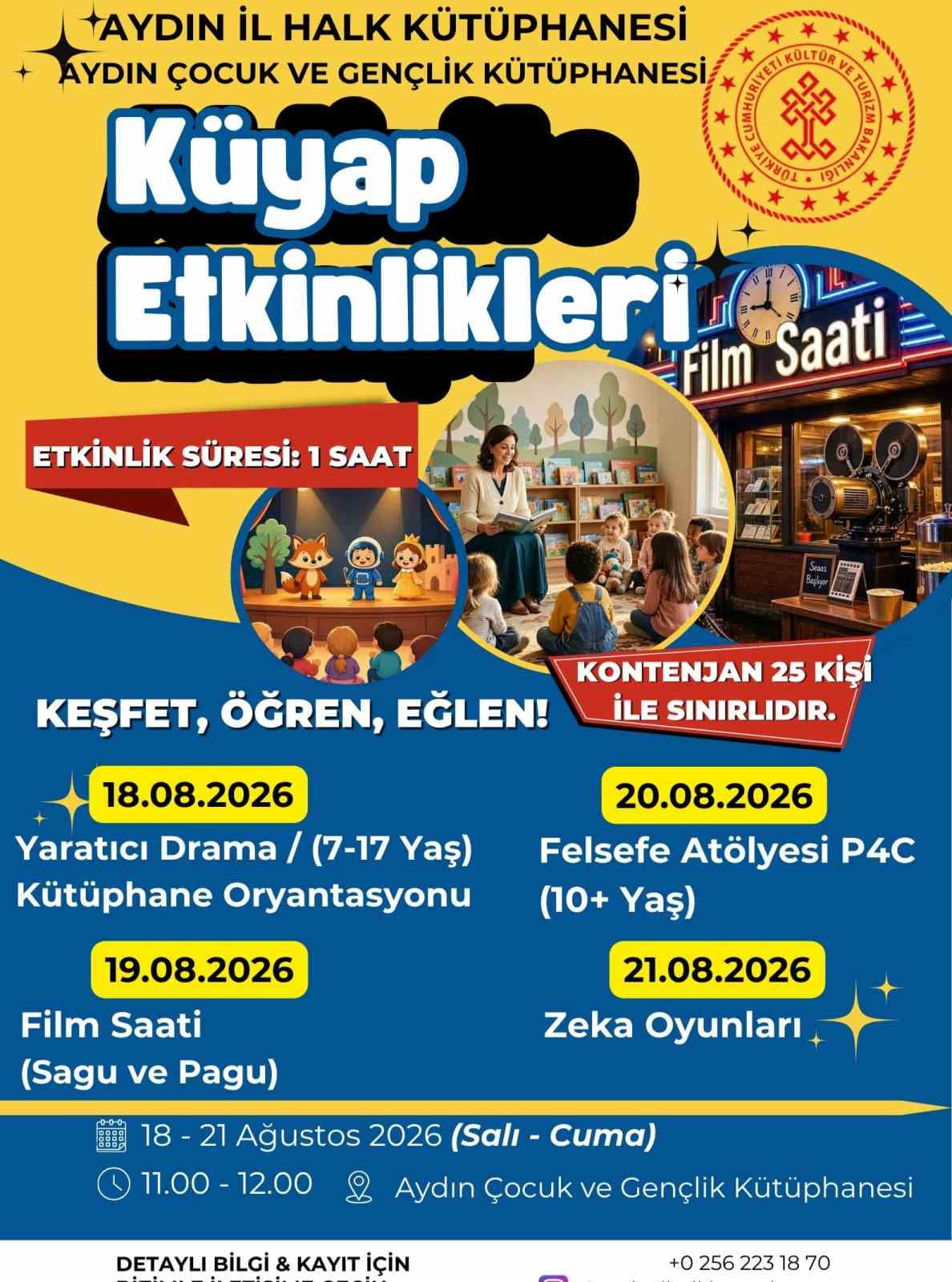AYDIN ÇOCUK VE GENÇLİK KÜTÜPHANESİ, 18-21 AĞUSTOS TARİHLERİ ARASINDA ÇOCUKLAR VE GENÇLERE YÖNELİK...