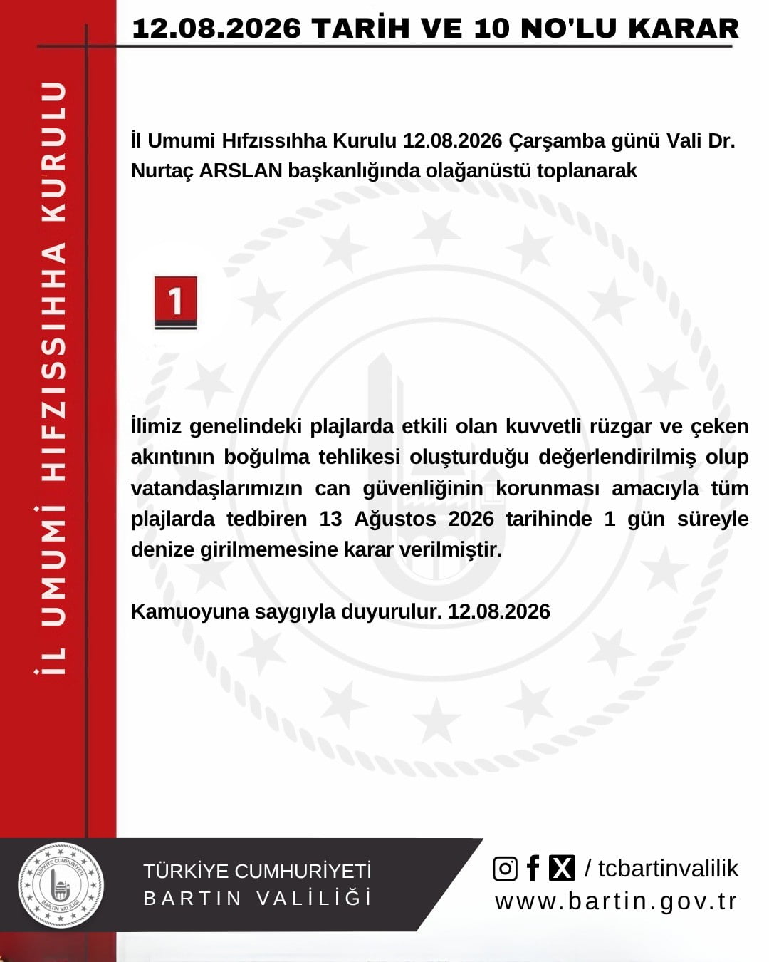 BARTIN'NDA İL UMUMİ HIFZISSIHHA KURULU TARAFINDAN ALINAN KARARLA 1 GÜNLÜĞÜNE DENİZE GİRMEK...