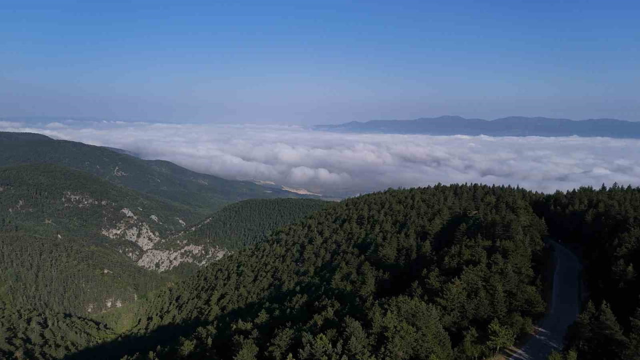 BOLU’NUN EN YÜKSEK NOKTALARINDAN BİRİ OLAN YAKLAŞIK 1500 RAKIMLI DÜVENLİK YAYLASI’NDA BULUTLARIN...