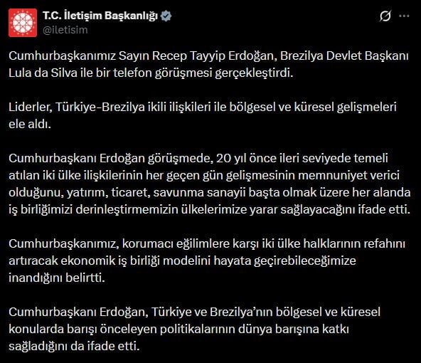 CUMHURBAŞKANI RECEP TAYYİP ERDOĞAN, BREZİLYA DEVLET BAŞKANI LULA DA SİLVA İLE TELEFON GÖRÜŞMESİ...