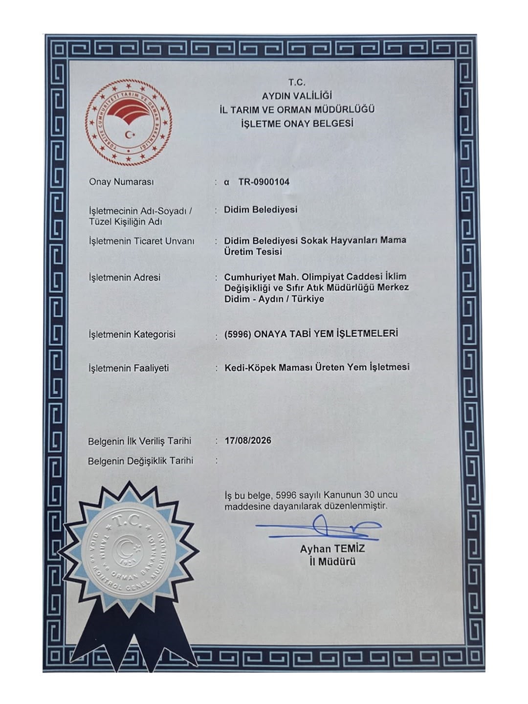DİDİM’İN MAMA ÜRETİM TESİSİNE ONAY BELGESİ VERİLDİ