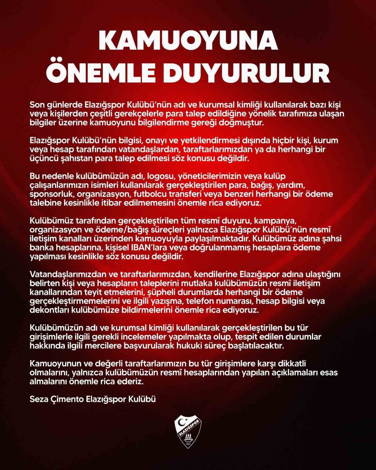 ELAZIĞSPOR'DAN DOLANDIRICILIK AÇIKLAMASI