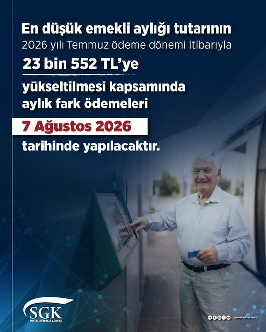 EN DÜŞÜK EMEKLİ AYLIĞININ 23 BİN 552 LİRAYA YÜKSELTİLMESİ KAPSAMINDA OLUŞAN AYLIK FARK ÖDEMELERİ...