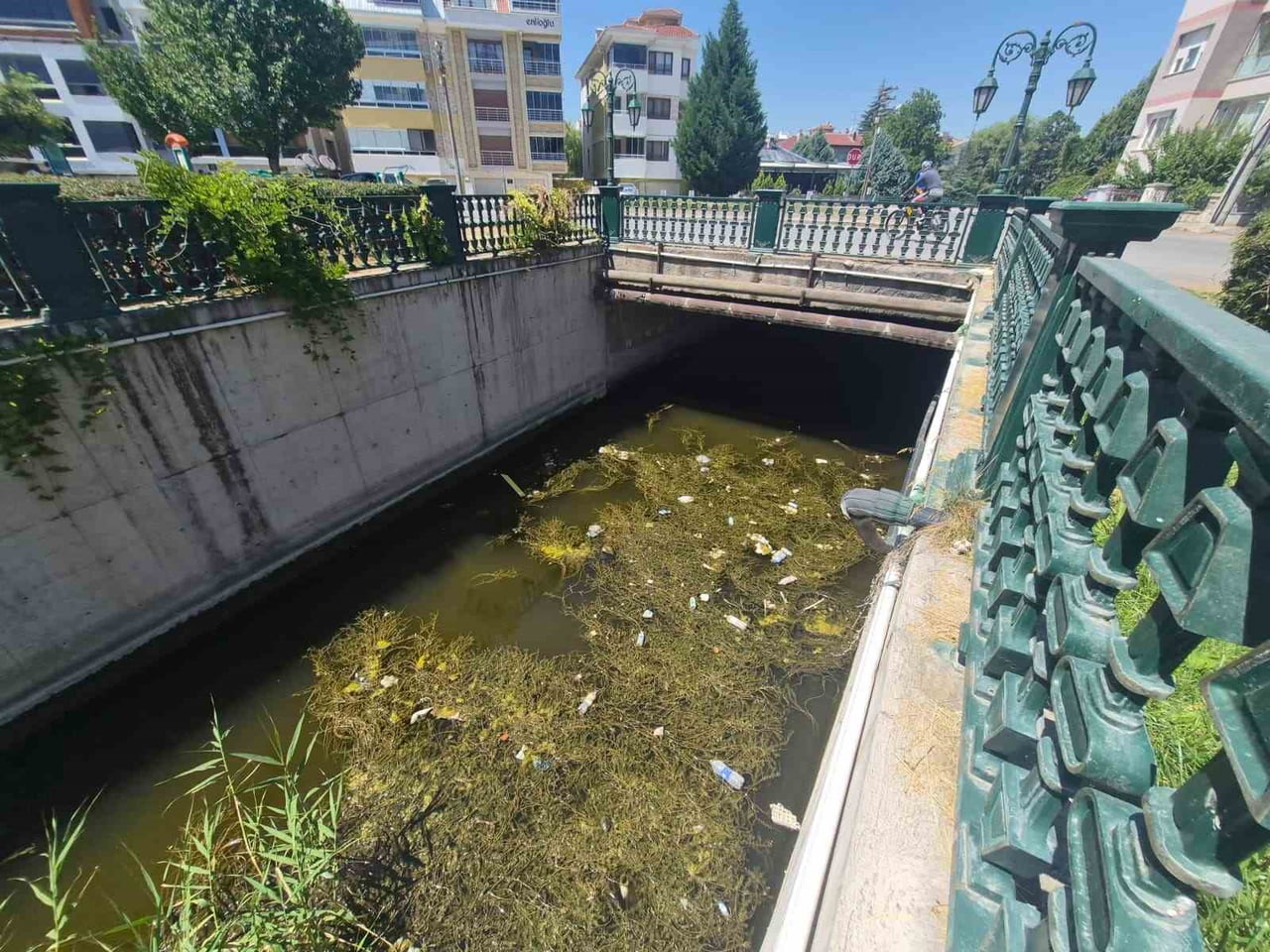 ESKİŞEHİR’DE DUYARSIZ KİŞİLER TARAFINDAN ATILAN VE PORSUK ÇAYI ÜZERİNDE BİRİKEN ENVAİÇEŞİT PİSLİK...