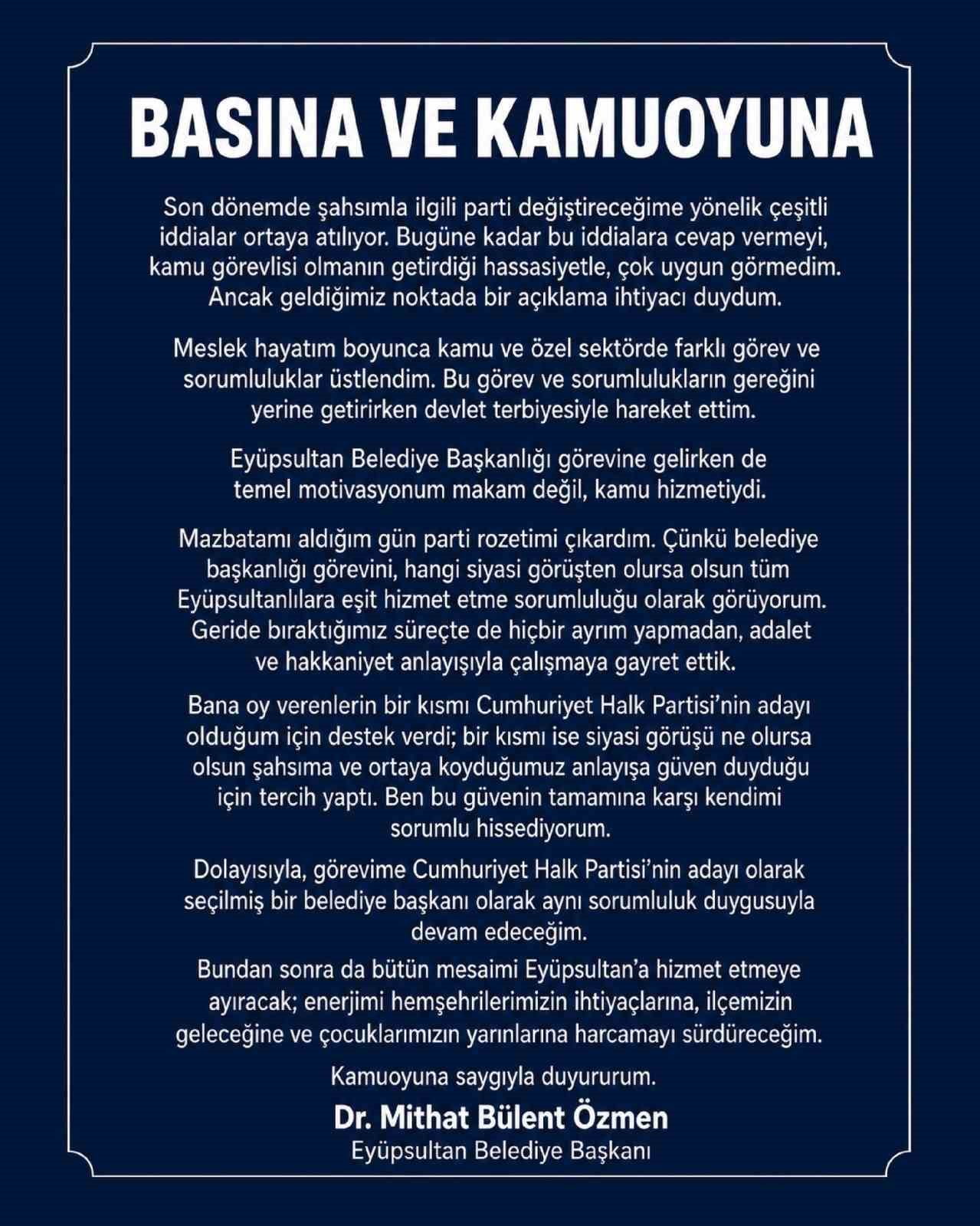 EYÜPSULTAN BELEDİYE BAŞKANI MİTHAT BÜLENT ÖZMEN, SOSYAL MEDYA HESABINDAN AÇIKLAMA YAPTI.