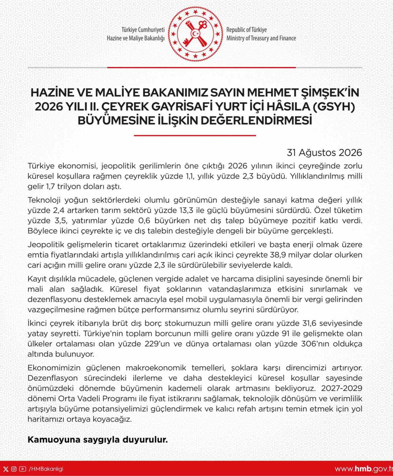 GAYRİ SAFİ YURT İÇİ HASILA (GSYH) SONUÇLARINA İLİŞKİN DEĞERLENDİRMEDE BULUNAN HAZİNE VE MALİYE...