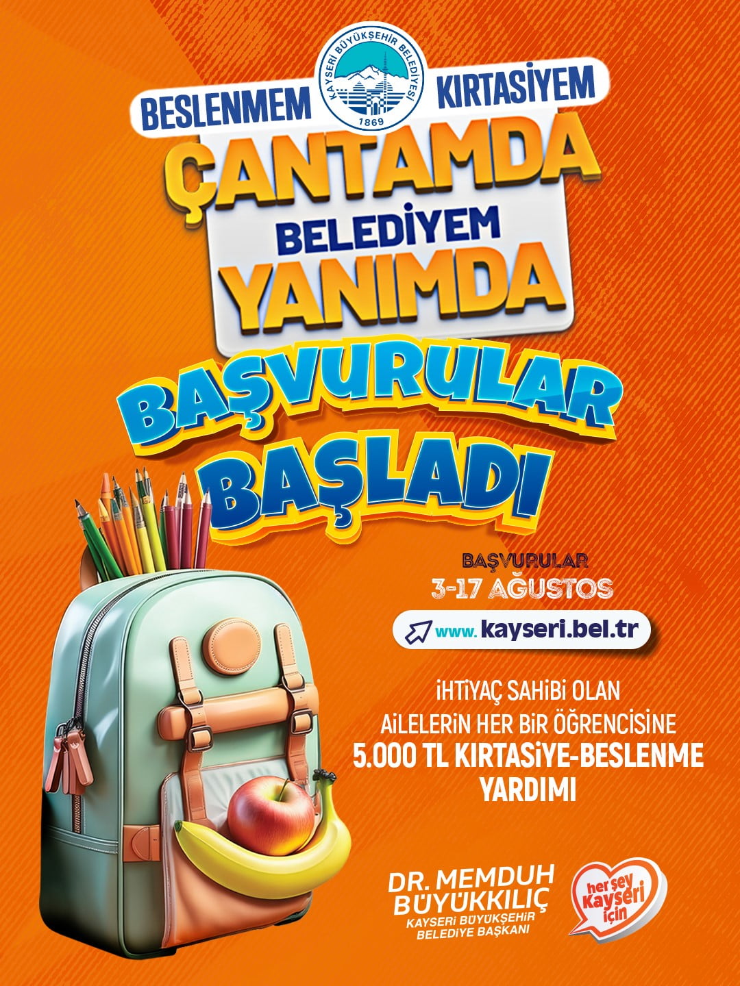 KAYSERİ BÜYÜKŞEHİR BELEDİYESİ'NİN, İHTİYAÇ SAHİBİ AİLELERİN İLKOKUL, ORTAOKUL VE LİSE...