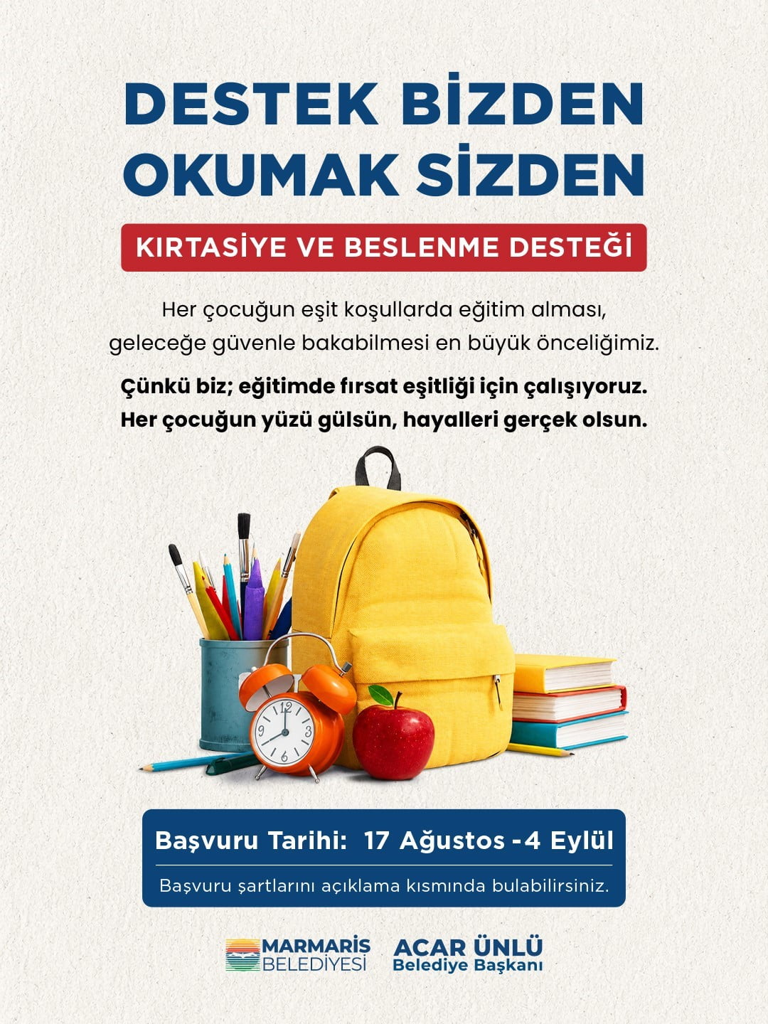 MARMARİS BELEDİYESİ’NDEN ÖĞRENCİLERE KIRTASİYE VE BESLENME DESTEĞİ