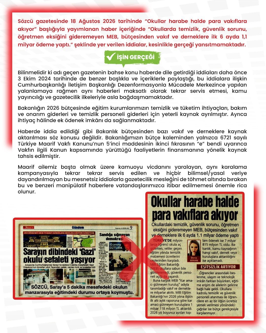 MİLLİ EĞİTİM BAKANLIĞI DEZENFORMASYONLA MÜCADELE MERKEZİ (MEBDMM) TARAFINDAN, "MEB, BÜTÇESİNDEN...