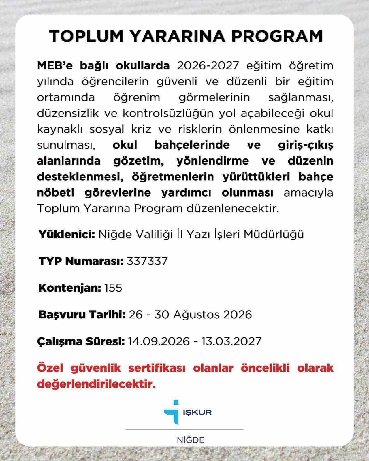 NİĞDE İŞKUR’DAN OKULLAR İÇİN 155 KİŞİLİK TYP DUYURUSU
