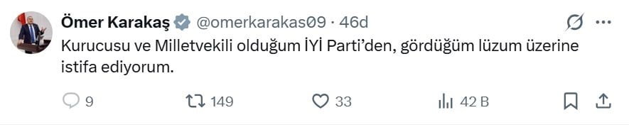 ÖMER KARAKAŞ, SOSYAL MEDYA HESABINDAN YAPTIĞI PAYLAŞIMLA PARTİSİNDEN İSTİFA ETTİĞİNİ...