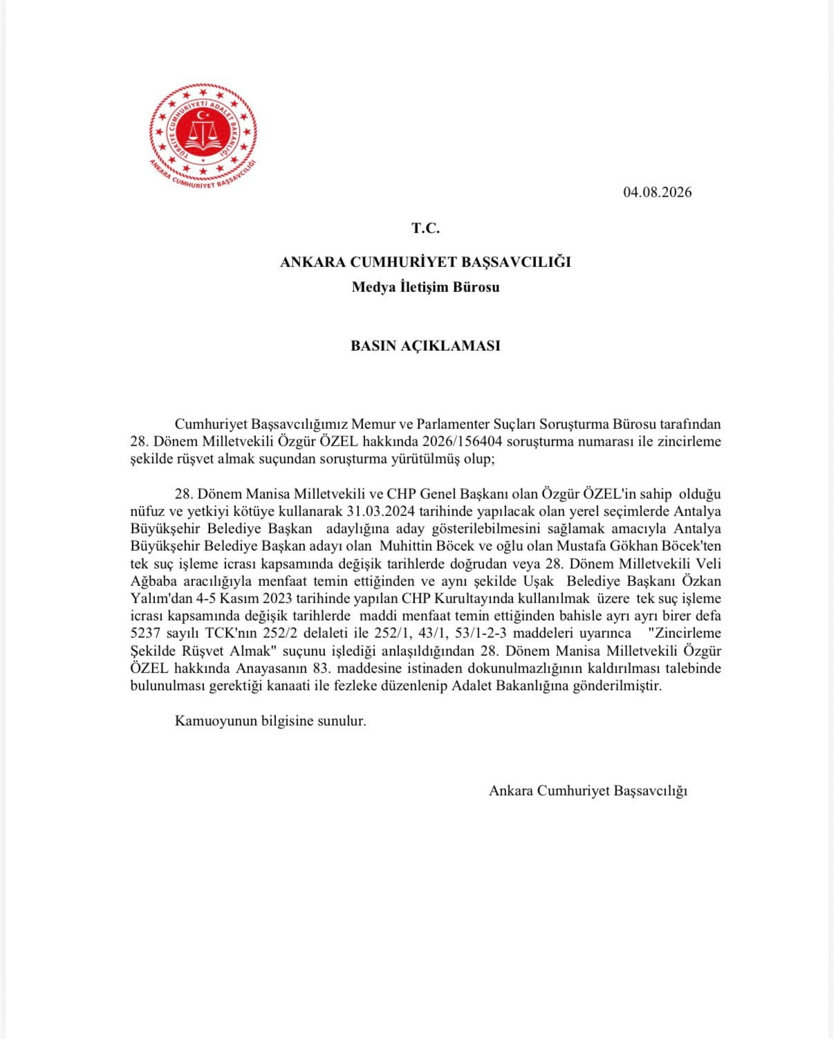 ÖZGÜR ÖZEL VE VELİ AĞBABA’NIN DOKUNULMAZLIKLARININ KALDIRILMASI İÇİN HAZIRLANAN FEZLEKELER ADALET...