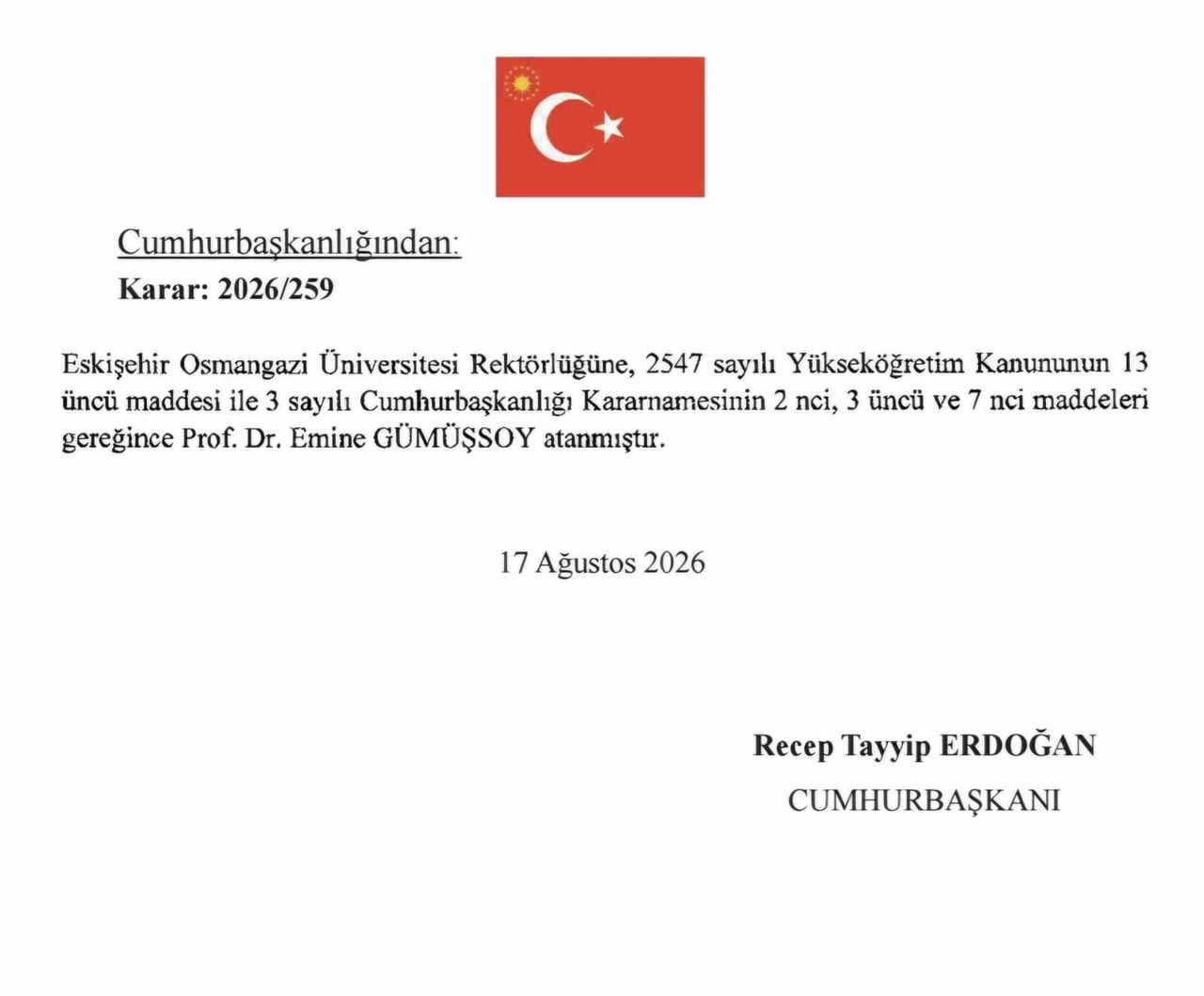 PROF. DR. EMİNE GÜMÜŞSOY, CUMHURBAŞKANLIĞI KARARI İLE ESKİŞEHİR OSMANGAZİ ÜNİVERSİTESİ (ESOGÜ)...
