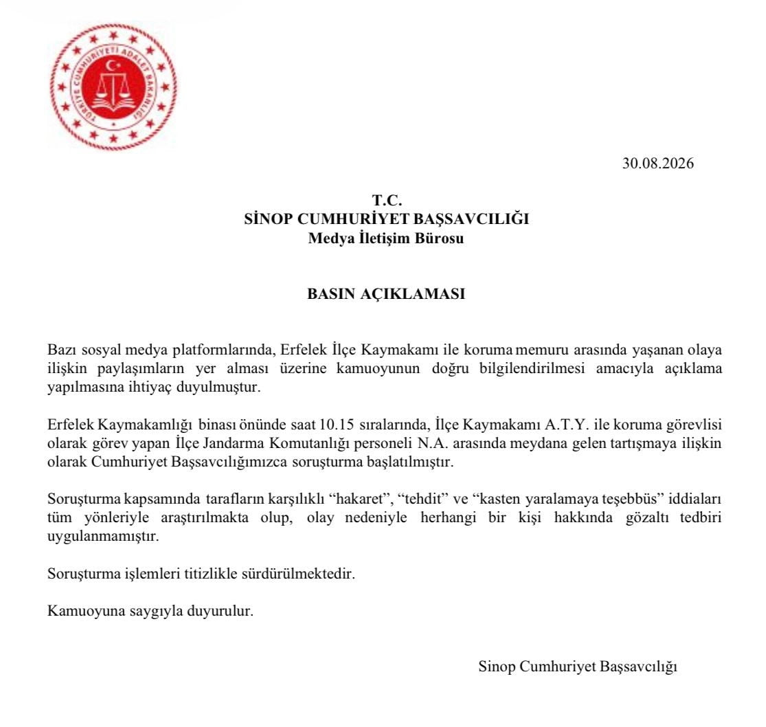 SİNOP CUMHURİYET BAŞSAVCILIĞI, ERFELEK KAYMAKAMI ALİ TUĞRUL YILDIZ İLE KORUMA GÖREVLİSİ ARASINDA...