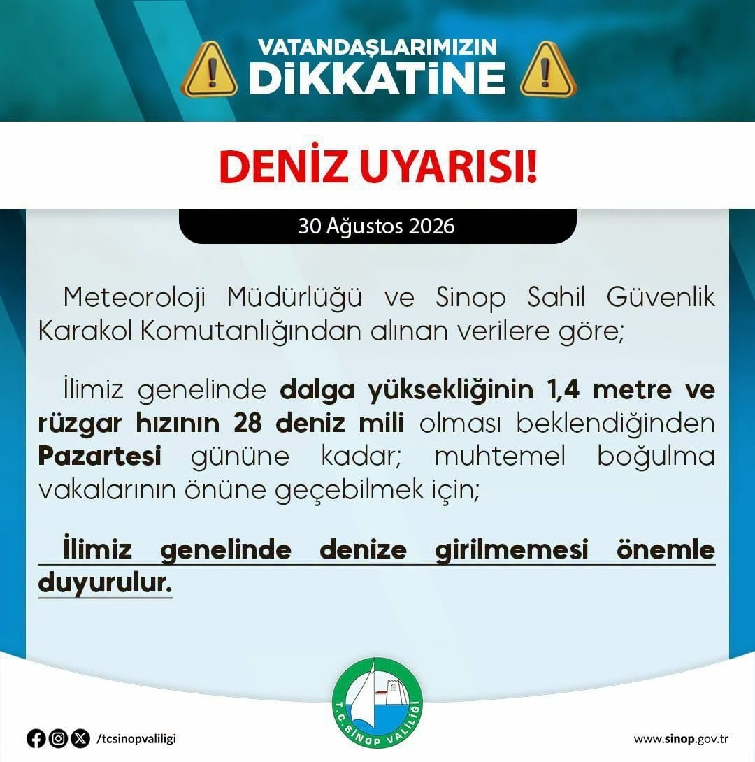 SİNOP VALİLİĞİ, OLUMSUZ DENİZ KOŞULLARI NEDENİYLE VATANDAŞLARA "DENİZE GİRMEYİN" UYARISINDA...