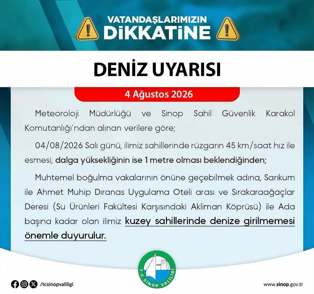 SİNOP VALİLİĞİ, OLUMSUZ HAVA VE DENİZ ŞARTLARI NEDENİYLE İL GENELİNDEKİ BAZI SAHİLLERDE DENİZE...
