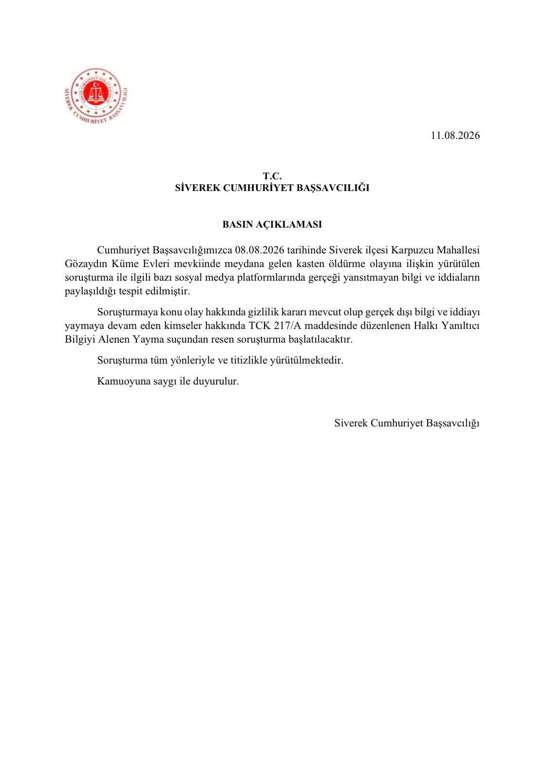 SİVEREK CUMHURİYET BAŞSAVCILIĞINDAN "GERÇEĞİ YANSITMAYAN BİLGİ" UYARISI