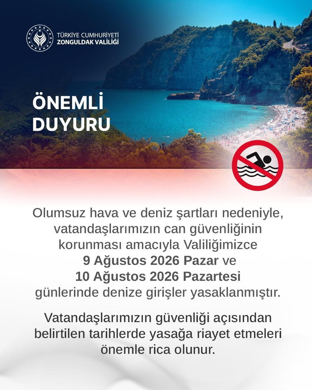 ZONGULDAK VALİLİĞİ, OLUMSUZ HAVA ŞARTLARI VE DENİZDEKİ TEHLİKELİ DALGA OLUŞUMLARI NEDENİYLE BUGÜN...