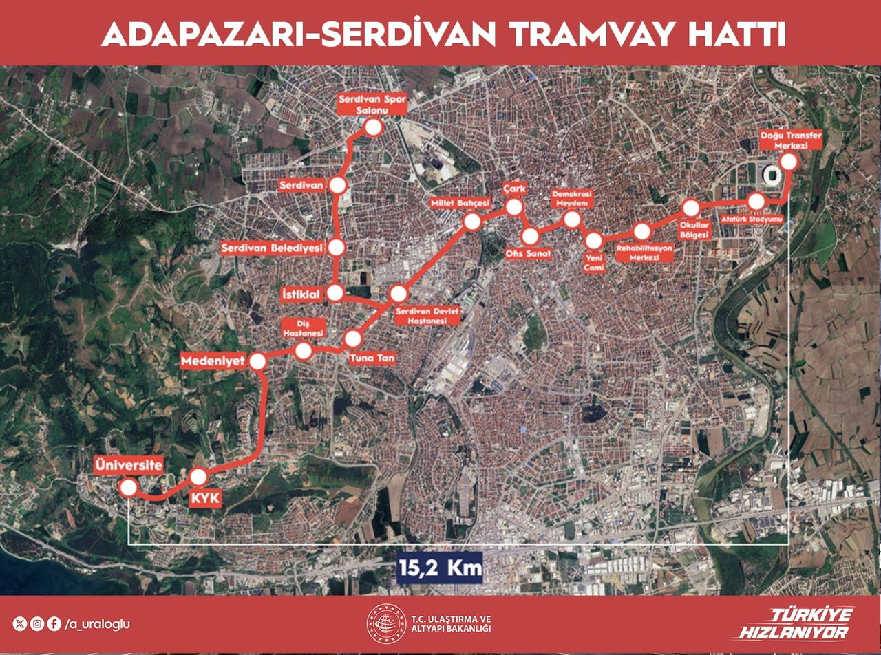 15,2 KİLOMETRE UZUNLUĞUNDAKİ ADAPAZARI-SERDİVAN TRAMVAY HATTINDA 19 İSTASYON OLACAK