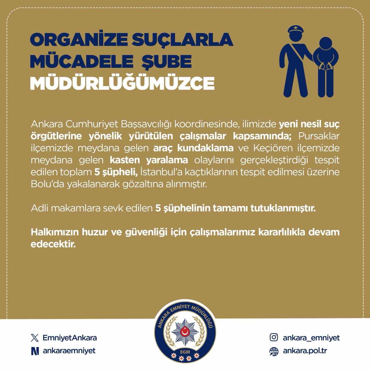 ANKARA İL EMNİYET MÜDÜRLÜĞÜ, YENİ NESİL SUÇ ÖRGÜTLERİNE YÖNELİK OPERASYON SONUCUNDA 5 KİŞİNİN...