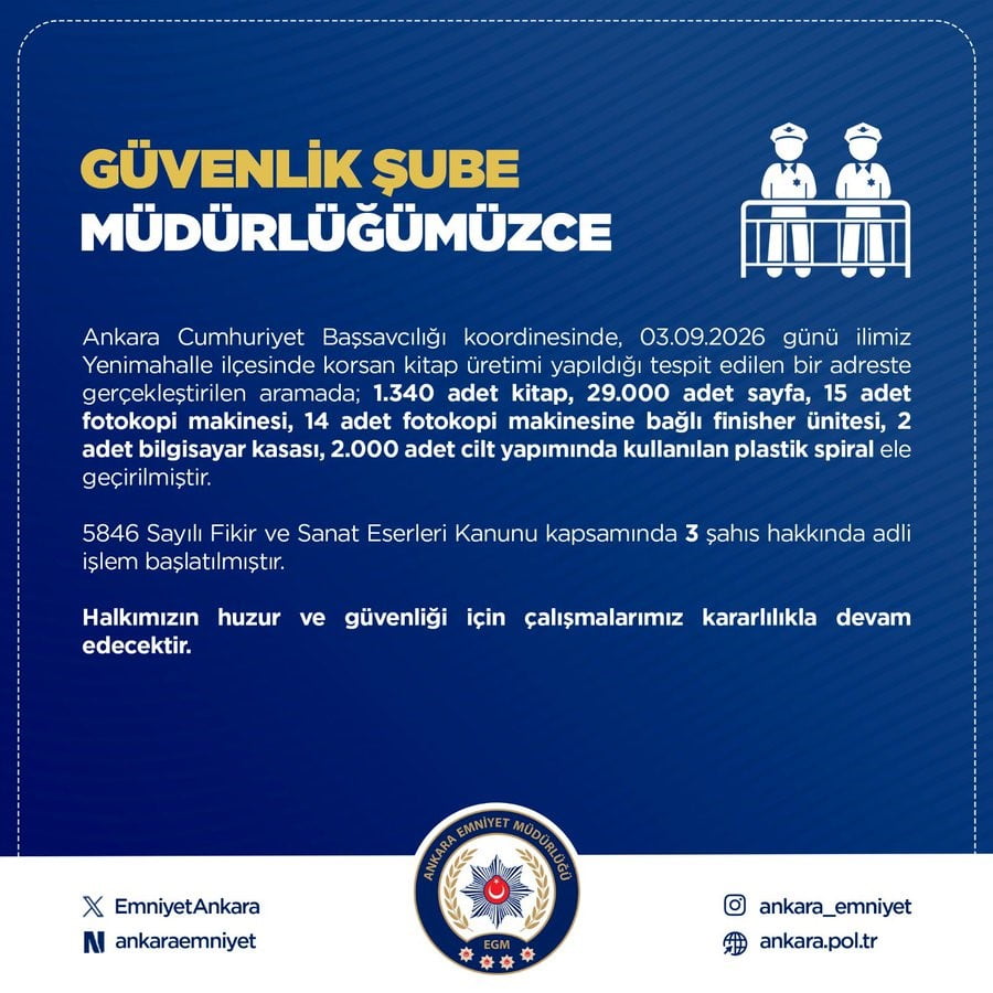 ANKARA’NIN YENİMAHALLE İLÇESİNDE KORSAN KİTAP ÜRETİMİ YAPILDIĞI TESPİT EDİLEN BİR ADRESTE YAPILAN...